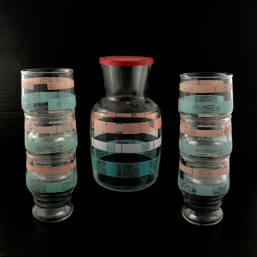 Vintage Mid Century Carafe & 6 Juice Glasses